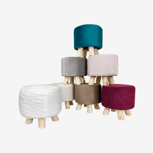 Runder Fußstütze 27 cm hoch - Wasserdichter Hocker aus Veloursleder, Holzfüße